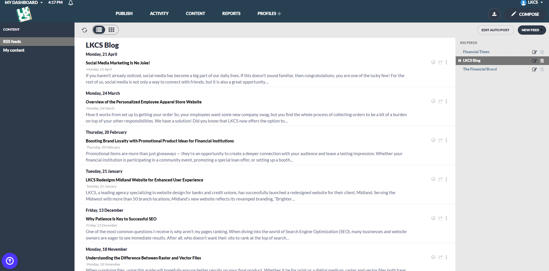 Screenshot of the RSS feeds screen