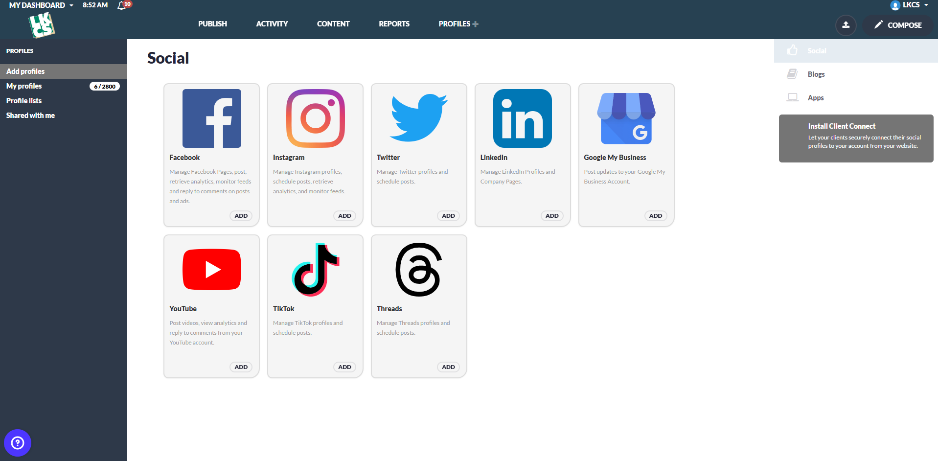Screenshot of the Add Profiles screen